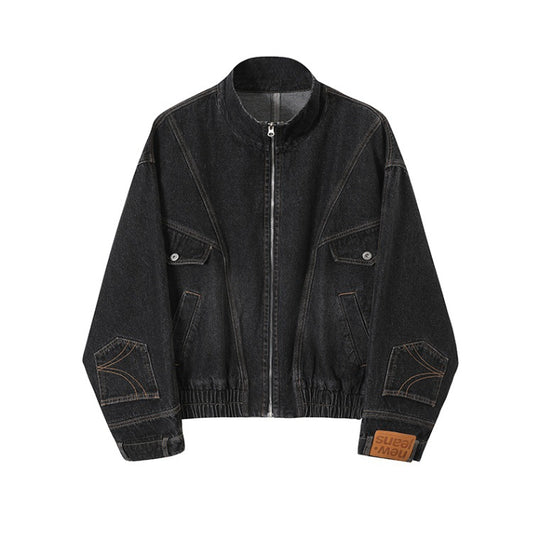 Damen Oversized Jeansjacke mit Stehkragen, Reißverschluss und elastischem Saum Nord Taschen