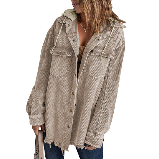 Nord Taschen | Jacke mit Kapuze Oversized Fit Cord-Textur Knopfverschluss Fransenrand