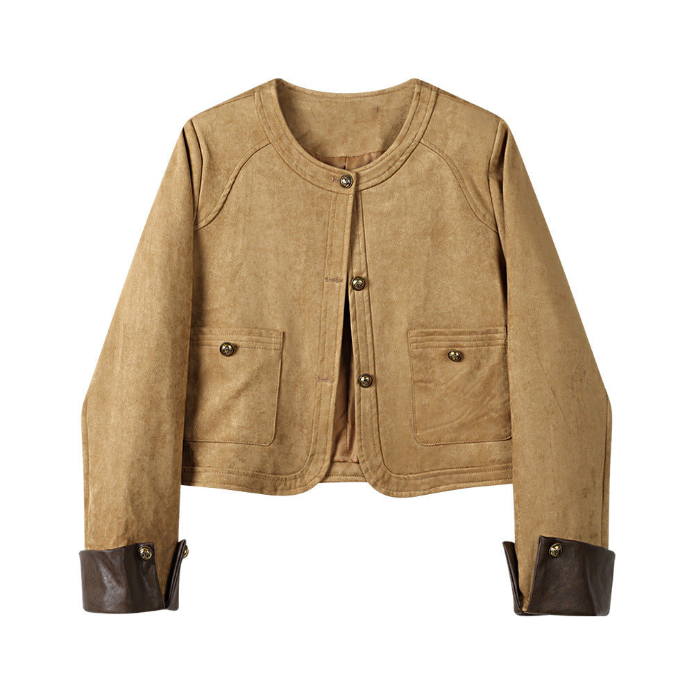 Damen Kurzjacke aus Veloursleder mit Rundhals, aufgesetzten Taschen & Umschlagmanschetten Nord Taschen