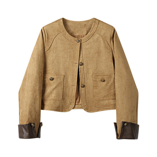 Damen Kurzjacke aus Veloursleder mit Rundhals, aufgesetzten Taschen & Umschlagmanschetten Nord Taschen