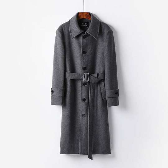 Herren taillierter Maxilanger Wollmix‑Mantel mit Bindegürtel und Kentkragen Nord Taschen
