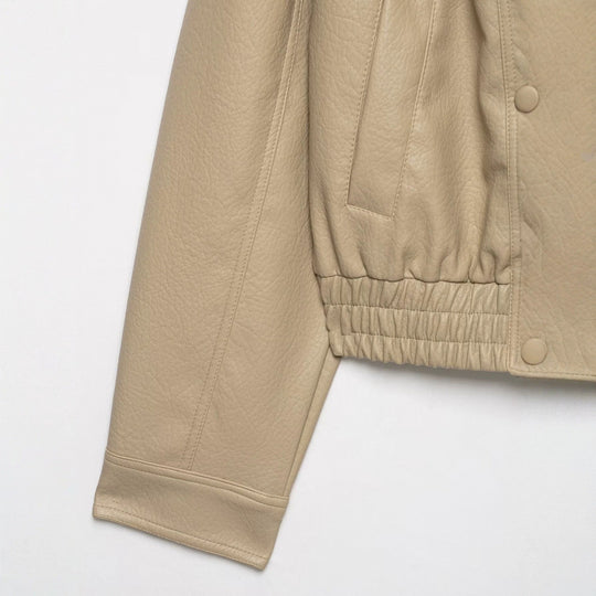 Damen Cropped Lederimitat-Blouson mit doppelreihiger Knopfleiste, weitem Revers und elastischem Saum Nord Taschen