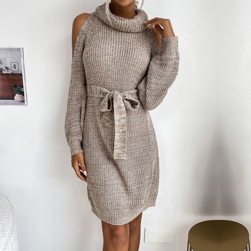 Damen Strick-Tunikakleid mit Rollkragen, Cut-Out-Schultern und Bindegürtel Nord Taschen