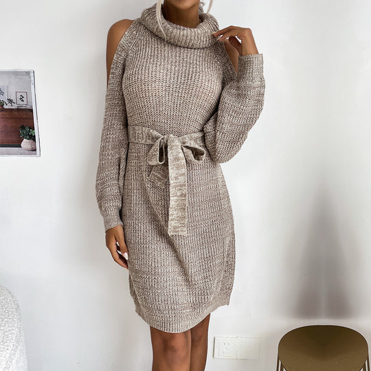 Damen Strick-Tunikakleid mit Rollkragen, Cut-Out-Schultern und Bindegürtel Nord Taschen