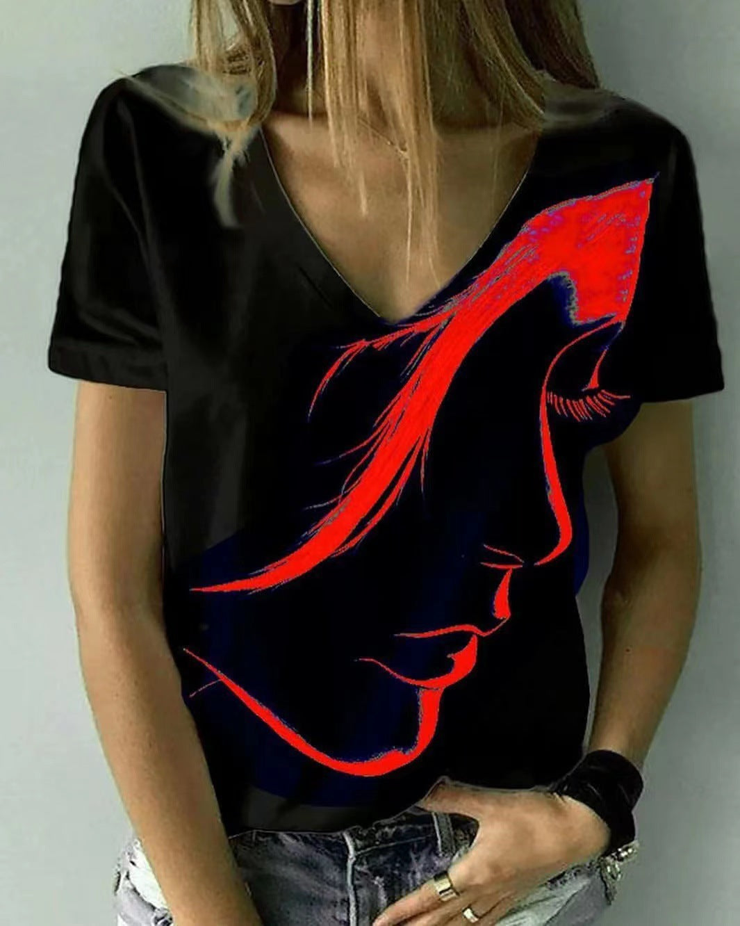 Damen V-Ausschnitt T-Shirt mit kreativem Grafikdruck