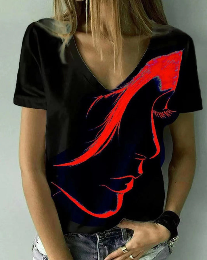 Damen V-Ausschnitt T-Shirt mit kreativem Grafikdruck