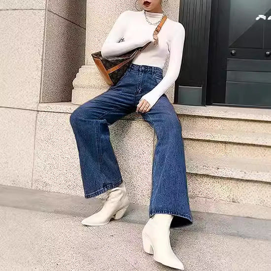 Damen hochgeschnittene weite Denim-Hose mit geradem Schlag und klassischem Five-Pocket-Design Nord Taschen