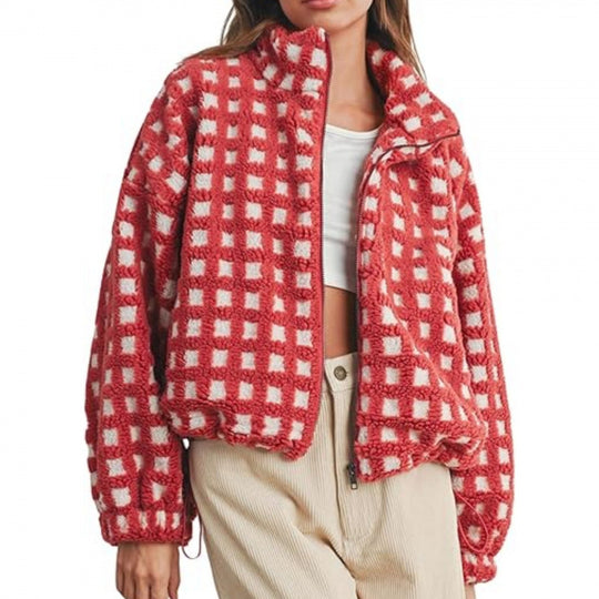 Damen Kurz geschnittene Sherpa Fleecejacke mit geometrischem Muster und Kordelzug Nord Taschen
