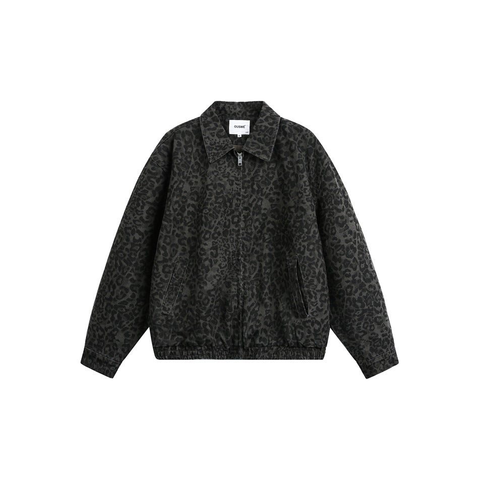 Unisex Leicht wattierte Boxy‑Jacke im Denim‑Look mit tonalem Leo‑Print und elastischem Saum Nord Taschen