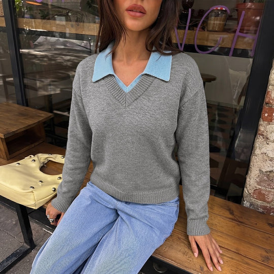 Damen Eleganter V-Ausschnitt Pullover mit Hemdkragen Nord Taschen