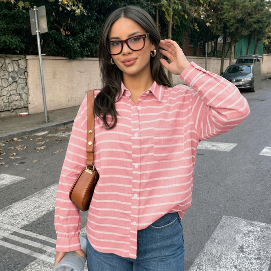 Damen Lässige Leinenoptik-Hemdbluse mit Streifen, Oversize-Schnitt und Brusttasche Nord Taschen