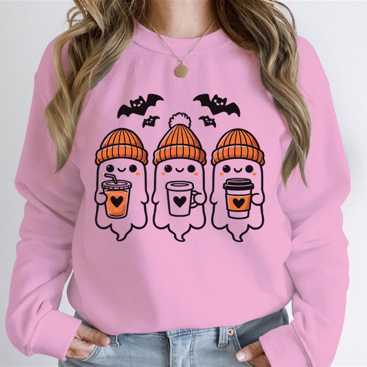 Damen gemütlicher Halloween Grafikpullover mit niedlichen Geist-Motiven, Rundhalsausschnitt und weichem Baumwollmix Nord Taschen