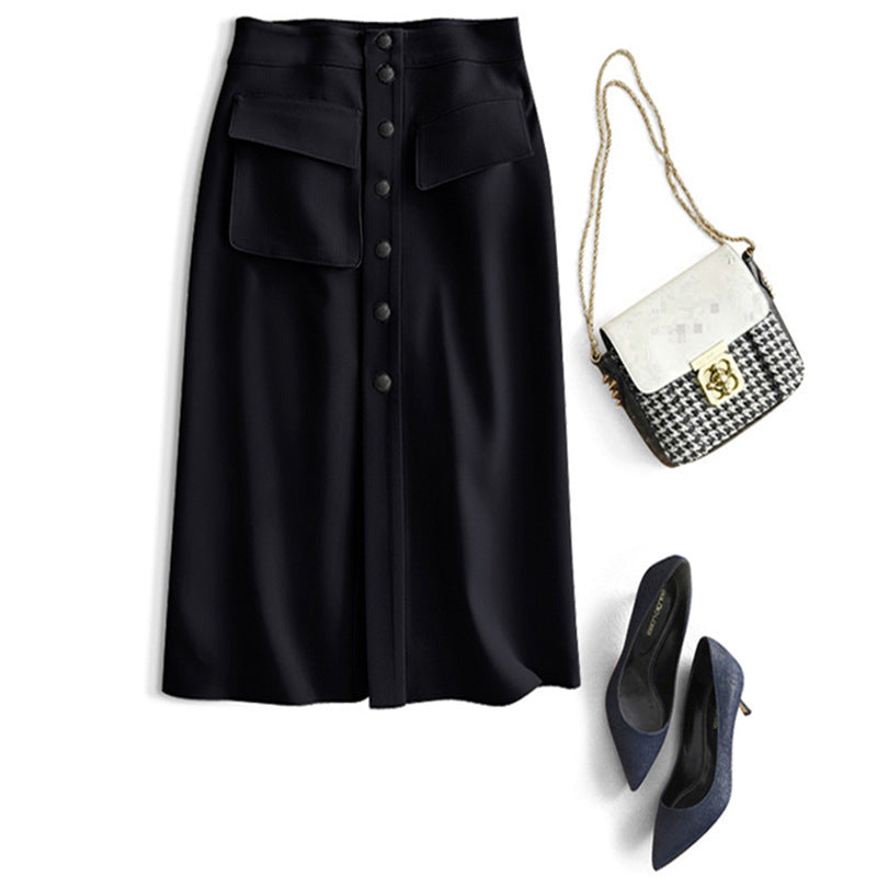 Damen Hochtaillierter Midirock mit Frontknopfleiste & Aufgesetzten Taschen Nord Taschen