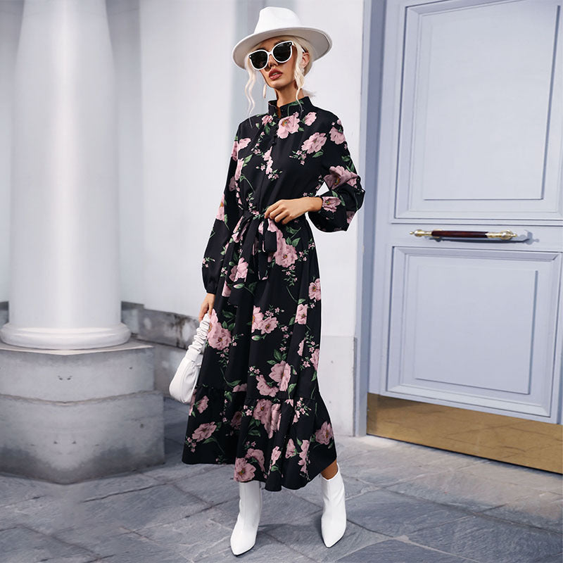 Damen Maxikleid mit floralem Allover‑Print, Stehkragen, langen Ballonärmeln und Volant Nord Taschen