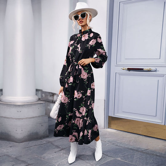 Damen Maxikleid mit floralem Allover‑Print, Stehkragen, langen Ballonärmeln und Volant Nord Taschen