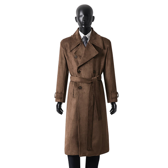 Herren Maxilanger Velours-Mantel im Trench-Look mit breitem Revers und Bindegürtel Nord Taschen