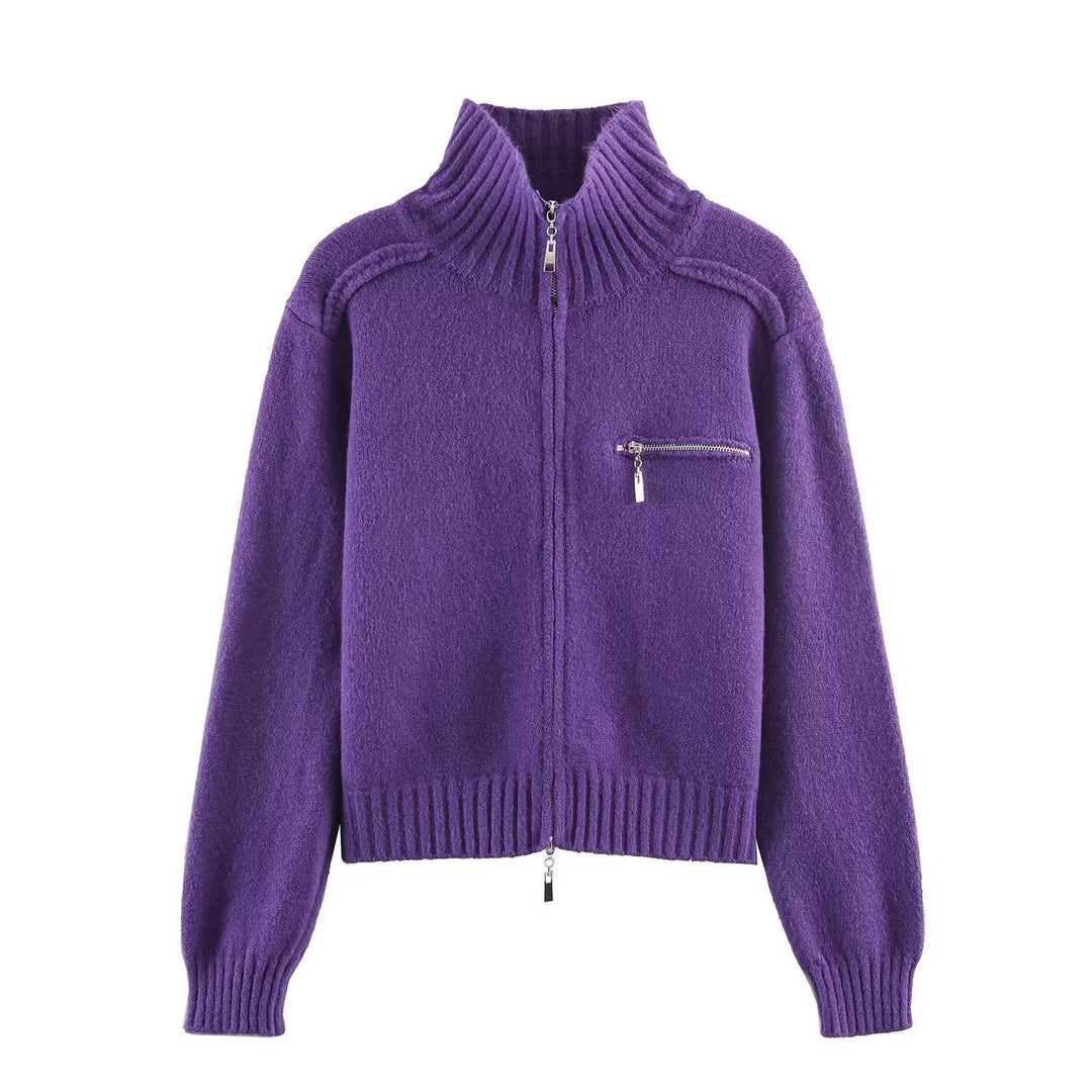 Damen Grobgestrickte Reißverschluss‑Strickjacke mit hohem Rippkragen und Brusttasche Nord Taschen
