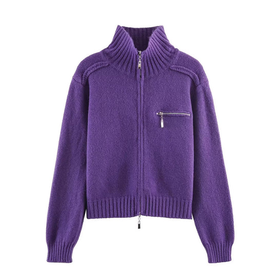 Damen Grobgestrickte Reißverschluss‑Strickjacke mit hohem Rippkragen und Brusttasche Nord Taschen
