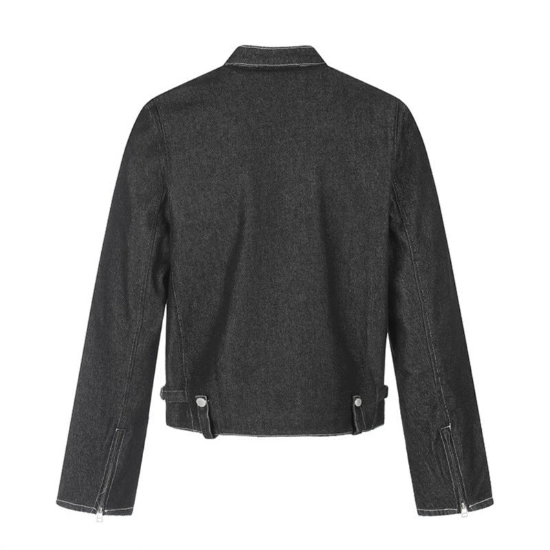 Damen kurze Denim-Bikerjacke mit Stehkragen, Reißverschluss und Druckknopfdetails Nord Taschen