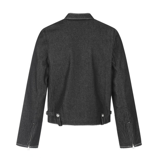 Damen kurze Denim-Bikerjacke mit Stehkragen, Reißverschluss und Druckknopfdetails Nord Taschen