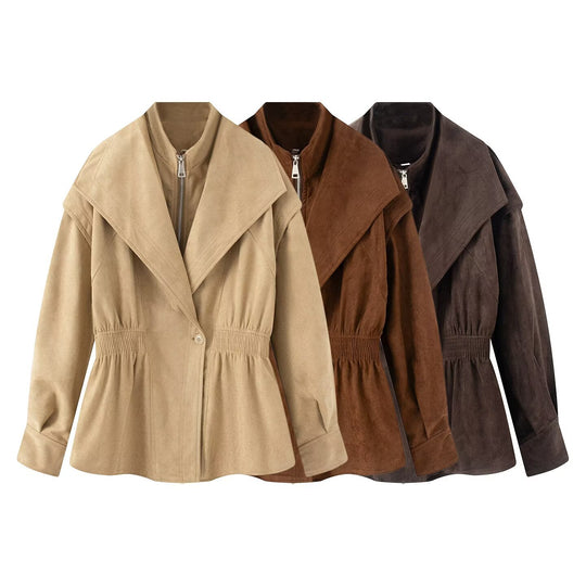 Damen Kurzjacke aus Veloursimitat mit weitem Schalkragen und Taillenraffung Nord Taschen
