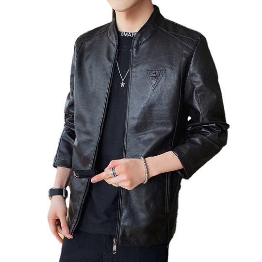 Herren Slim-Fit Kunstleder-Motojacke mit Stehkragen, Zipper-Ärmeln und minimalistischer Logo‑Applikation Nord Taschen