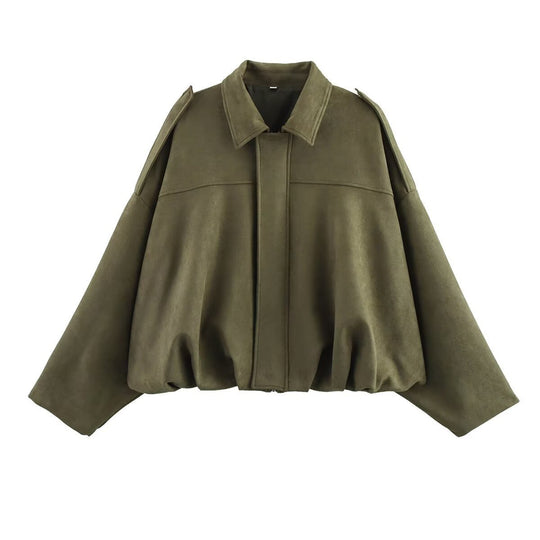 Damen Oversize Cropped Veloursblouson mit Tunnelzug-Bund und Schulterpatten Nord Taschen