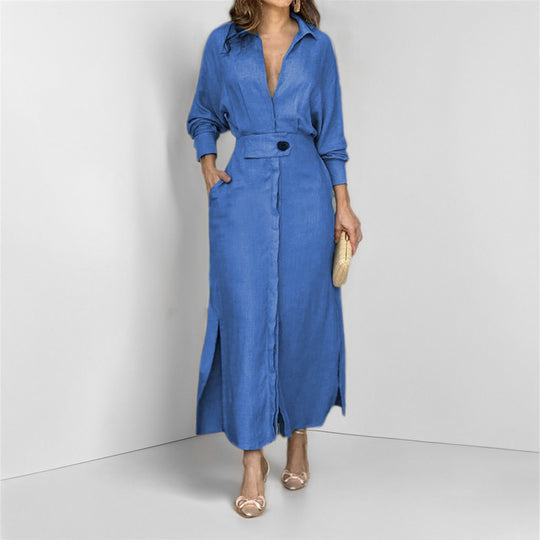 Damen Leinen-Maxikleid mit Hemdkragen, Taillengürtel und seitlichen Beinschlitzen Nord Taschen