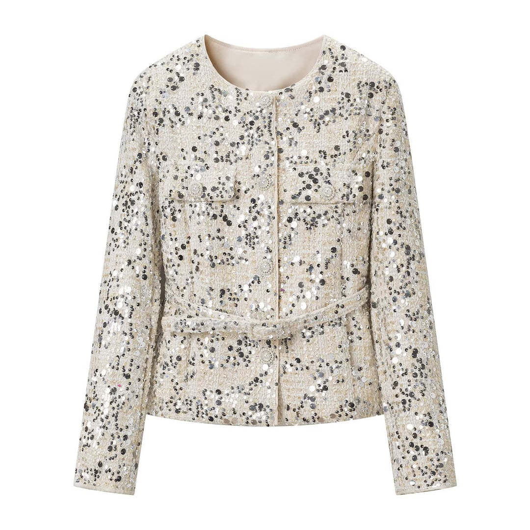 Damen Kurzjacke aus Bouclé mit Paillettenbesatz, Zierperlenknöpfen und Taillengürtel Nord Taschen
