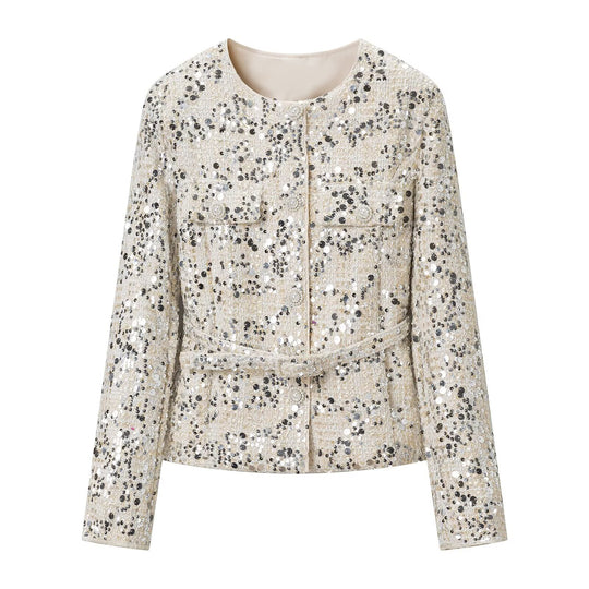 Damen Kurzjacke aus Bouclé mit Paillettenbesatz, Zierperlenknöpfen und Taillengürtel Nord Taschen