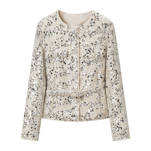 Damen Kurzjacke aus Bouclé mit Paillettenbesatz, Zierperlenknöpfen und Taillengürtel Nord Taschen