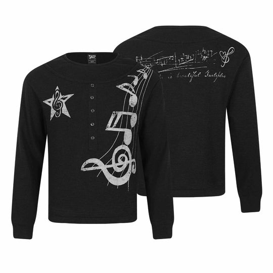 Damen Langarmshirt im Henley-Style mit musikalischem Print und Rundhalsausschnitt Nord Taschen