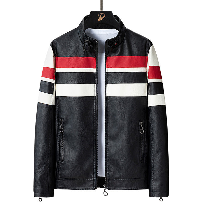 Herren Biker-Lederjacke im Racing-Look mit Kontraststreifen und Stehkragen Nord Taschen
