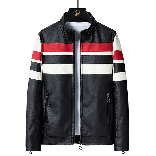 Herren Biker-Lederjacke im Racing-Look mit Kontraststreifen und Stehkragen Nord Taschen