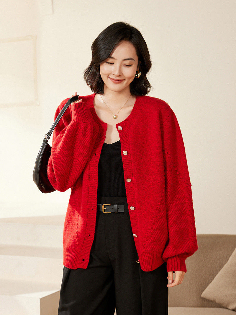 Damen Strickcardigan mit Strukturmuster, Ballonärmeln und Perlmuttknopfleiste Nord Taschen