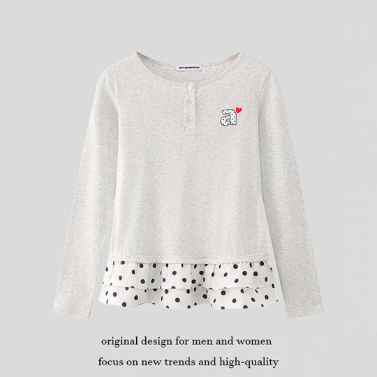 Damen Langärmeliges Henley-Layering-Top mit Volant-Untertritt und Herz-Patch Nord Taschen