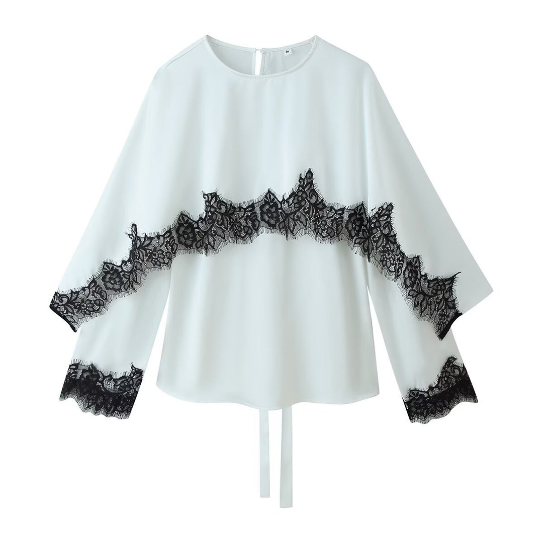 Damen Elegante Chiffonbluse mit Spitzenborte, weitem Kimonoärmel und Bindeband Nord Taschen
