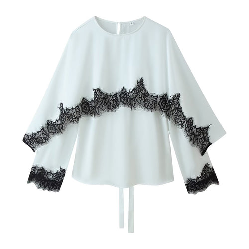 Damen Elegante Chiffonbluse mit Spitzenborte, weitem Kimonoärmel und Bindeband Nord Taschen
