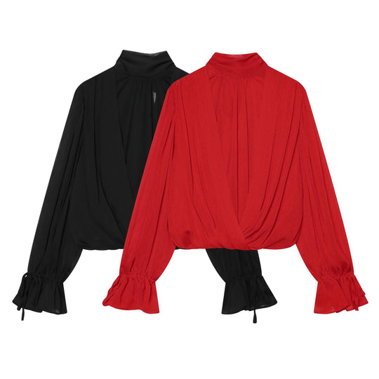 Damen Schlupfbluse mit Schleifenkragen, plissierten Volantärmeln und elastischem Saum Nord Taschen