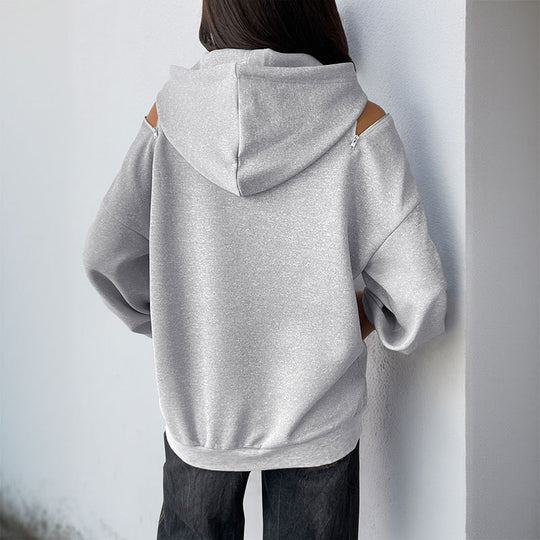 Damen Lässiger Kapuzenpullover mit Schulteröffnungen, Kängurutasche und gerippten Bündchen Nord Taschen