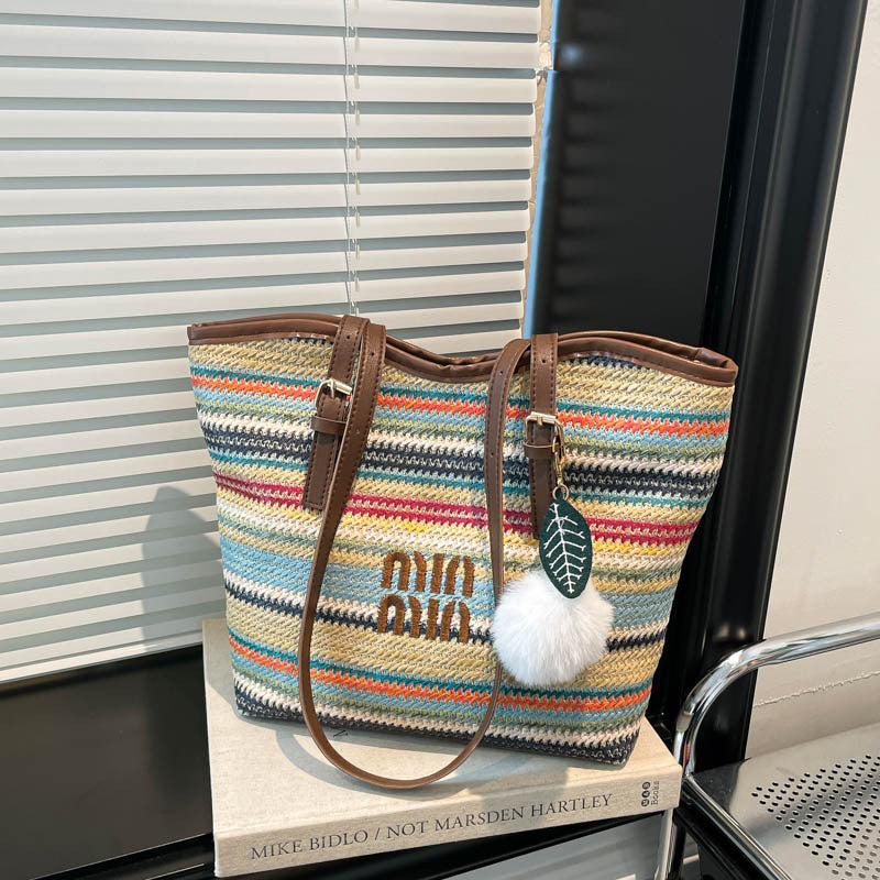 Damen Strandtasche mit bunten Streifen und Pompon Nord Taschen