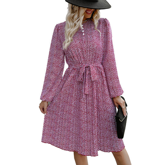 Damen Midikleid mit Stehkragen, Taillenband und langen Ärmeln Nord Taschen