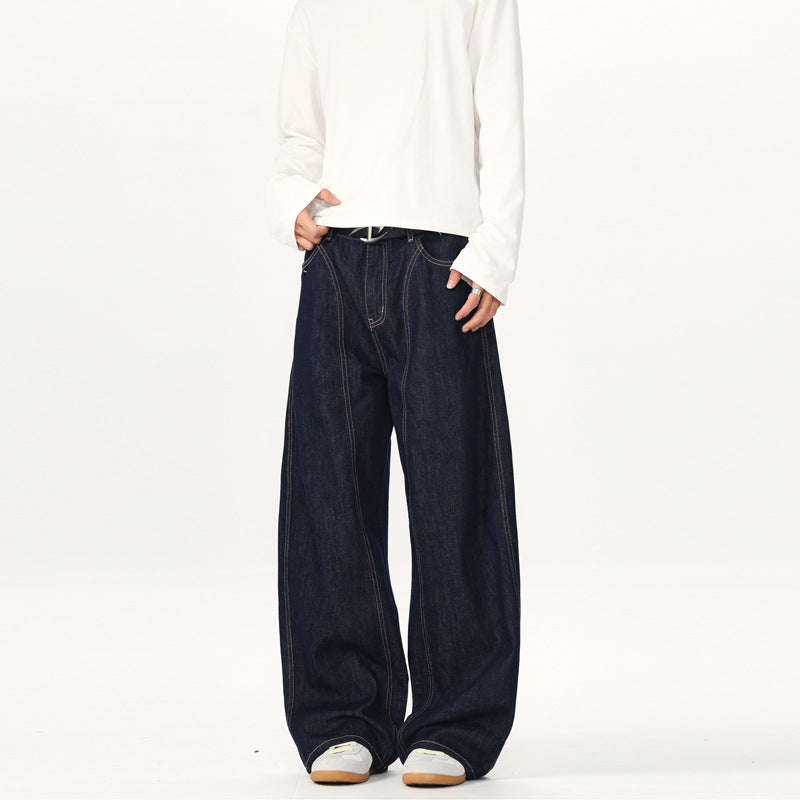 Unisex Ultraweite tiefsitzende Baggy-Jeans aus rohem Denim mit Kontrastnähten Nord Taschen