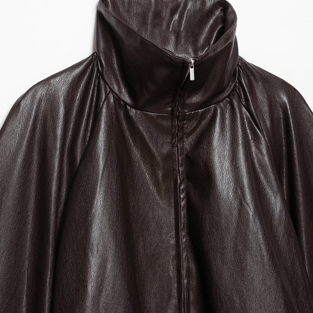 Damen Oversize Jacke im Lederlook mit hohem Funnelkragen, Raglanärmeln und Tunnelzugsaum Nord Taschen