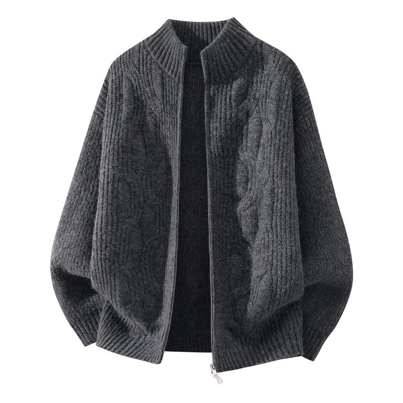 Damen Weicher Oversize‑Zopfmuster‑Cardigan mit Stehkragen & Zwei‑Wege‑Reißverschluss Nord Taschen