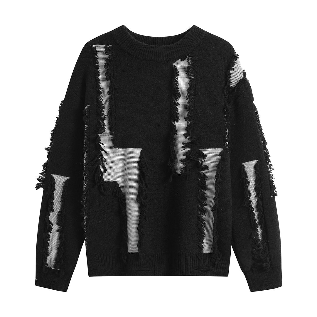 Damen Oversize Strickpullover mit Fransenapplikationen und Destroy-Look Nord Taschen