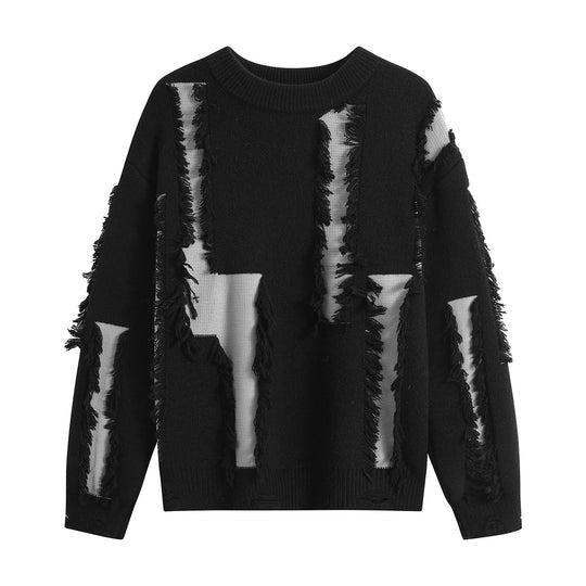 Damen Oversize Strickpullover mit Fransenapplikationen und Destroy-Look Nord Taschen