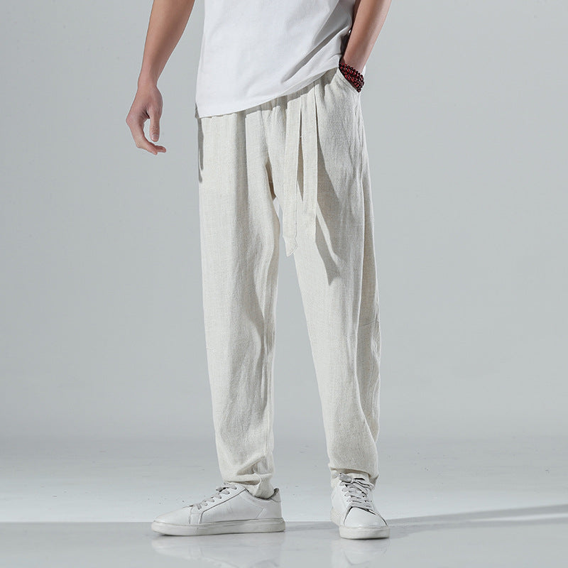 Herren lockere Leinenhose mit Kordelbund und tapered Bein Nord Taschen