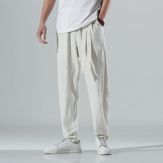 Herren lockere Leinenhose mit Kordelbund und tapered Bein Nord Taschen