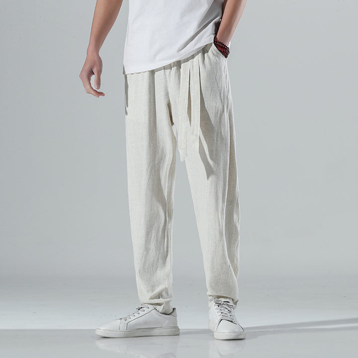 Herren lockere Leinenhose mit Kordelbund und tapered Bein Nord Taschen